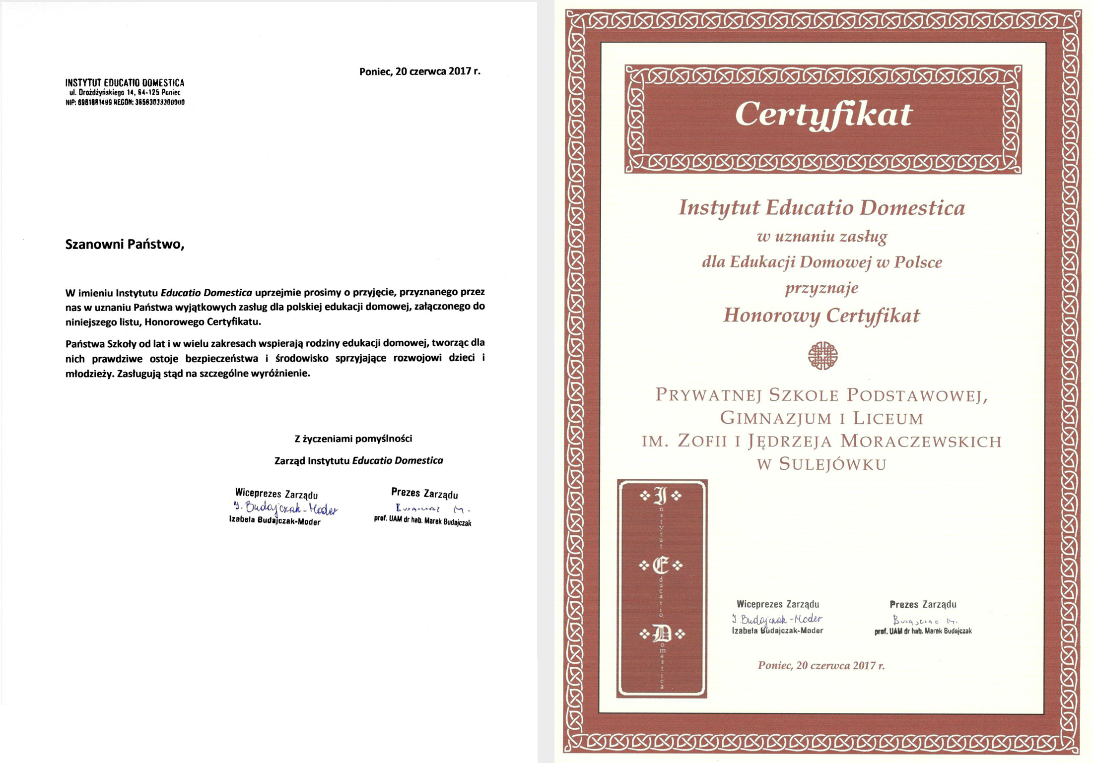 honorowy certyfikat, certyfikat dla szkoły w sulejówku, szkoła w sulejówku, szkoła imienia Moraczewskich, edukacja domowa,
